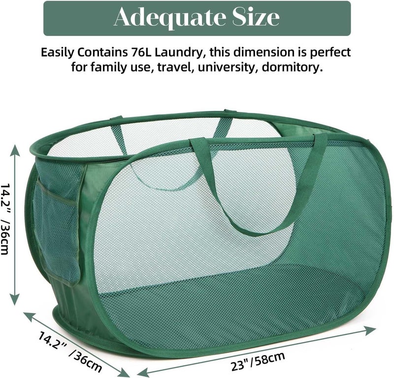 Bemkoo Sturdy Mesh Pop Up Laundry Hamper, Collapsible Laundry Baskets with Side Pocket, Foldable Clothes Hamper with Reinforced Carry Handles for Laundry, Bathroom, Kids Room, Dorm or Travel 2 Pack Emerald - Image 3